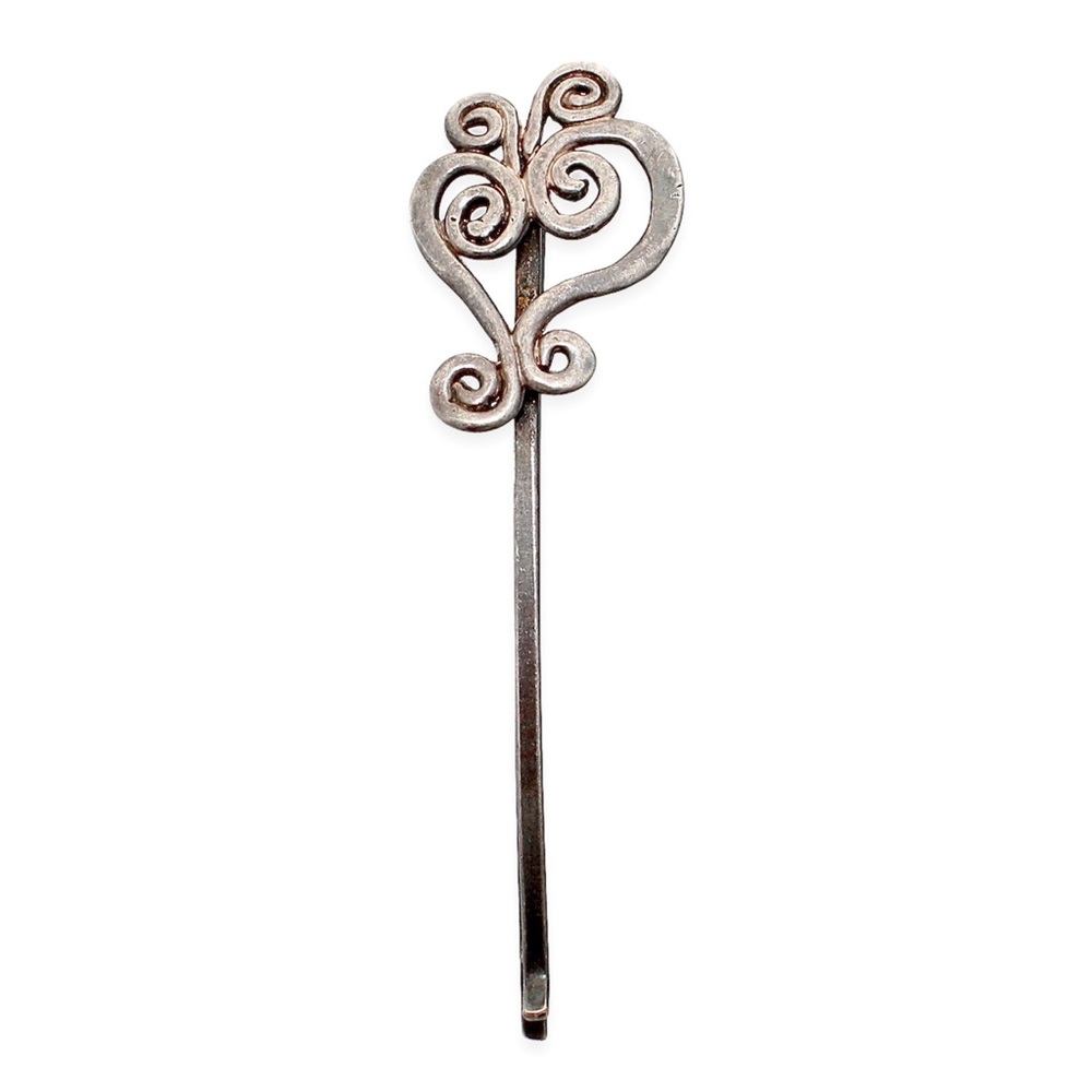 Vintage Sterling Silver Hair Pin Heart with Swirl Scroll Filigree Bobby Hairpin